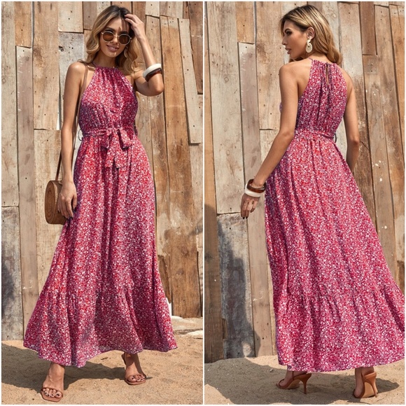 Boho Floral Print Halter Ruffle Maxi Dress Red - Picture 5 of 6